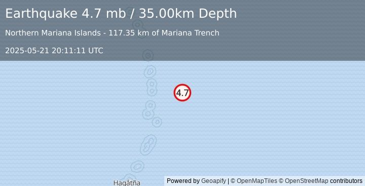 Earthquake MARIANA ISLANDS REGION (4.7 mb) (2025-05-21 20:11:11 UTC)