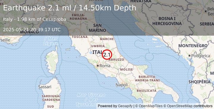 Earthquake CENTRAL ITALY (2.1 ml) (2025-05-21 20:39:17 UTC)