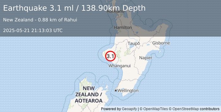 Earthquake NORTH ISLAND OF NEW ZEALAND (3.1 ml) (2025-05-21 21:13:03 UTC)