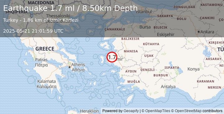 Earthquake NEAR THE COAST OF WESTERN TURKEY (1.7 ml) (2025-05-21 21:01:59 UTC)