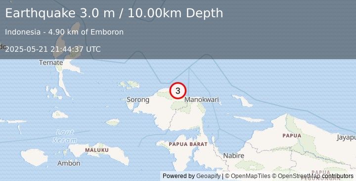 Earthquake NEAR N COAST OF PAPUA, INDONESIA (3.0 m) (2025-05-21 21:44:37 UTC)