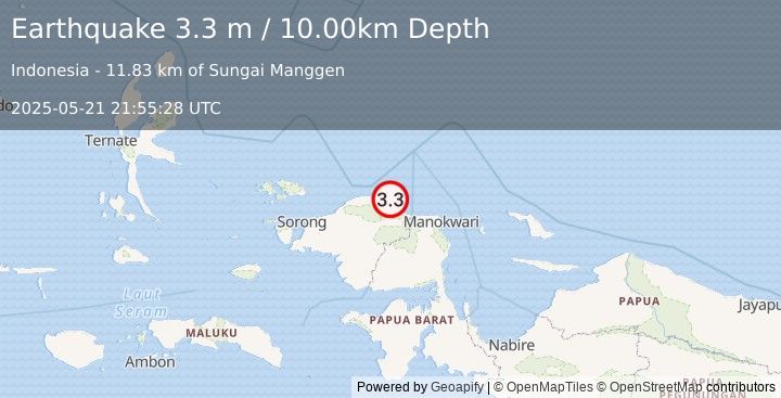 Earthquake NEAR N COAST OF PAPUA, INDONESIA (3.3 m) (2025-05-21 21:55:28 UTC)