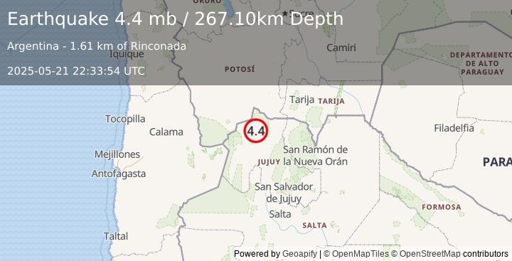 Earthquake JUJUY, ARGENTINA (4.4 mb) (2025-05-21 22:33:54 UTC)