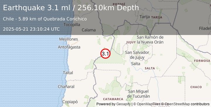 Earthquake ANTOFAGASTA, CHILE (3.1 ml) (2025-05-21 23:10:24 UTC)