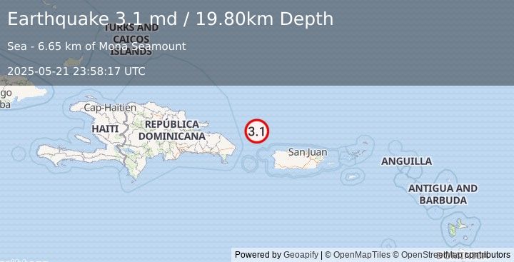 Earthquake PUERTO RICO REGION (3.1 md) (2025-05-21 23:58:17 UTC)