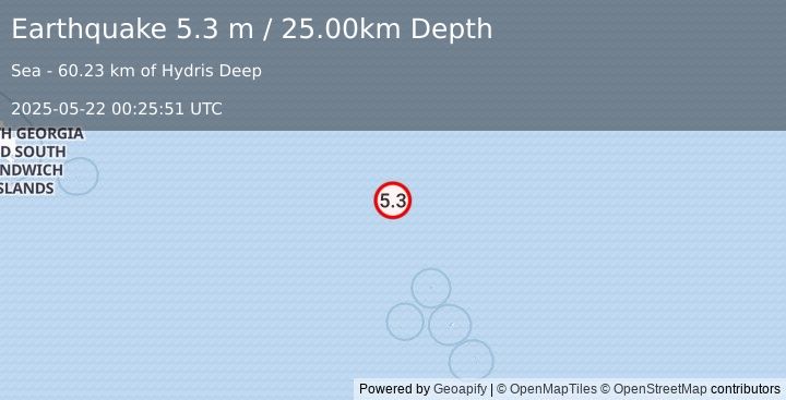Earthquake SOUTH SANDWICH ISLANDS REGION (5.2 mb) (2025-05-22 00:25:43 UTC)