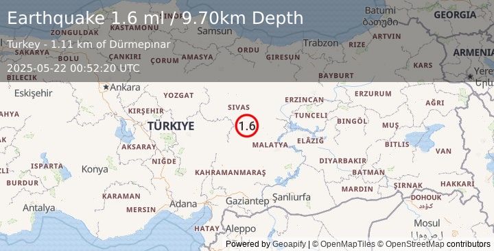 Earthquake CENTRAL TURKEY (1.6 ml) (2025-05-22 00:52:20 UTC)