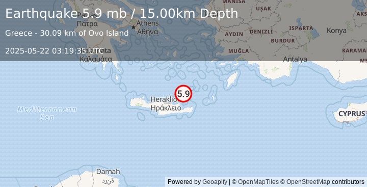 Earthquake CRETE, GREECE (6.1 mw) (2025-05-22 03:19:36 UTC)