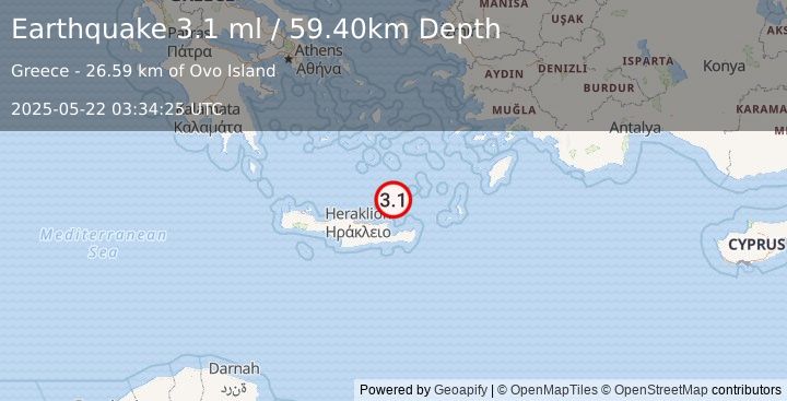 Earthquake CRETE, GREECE (3.1 ml) (2025-05-22 03:34:25 UTC)