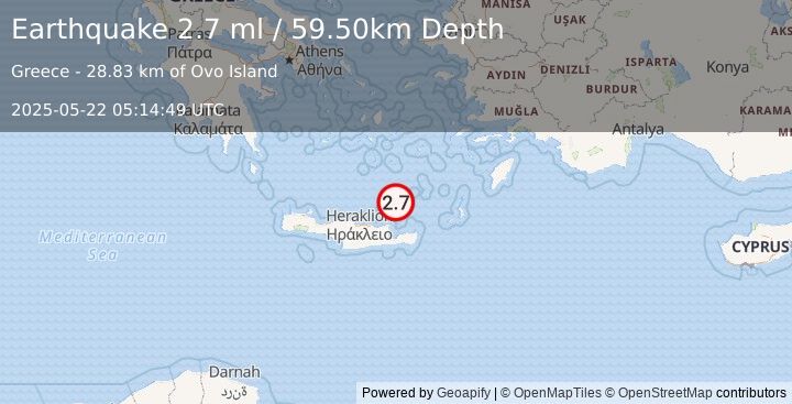 Earthquake CRETE, GREECE (2.7 ml) (2025-05-22 05:14:49 UTC)