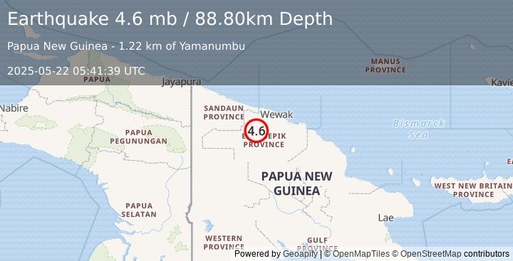Earthquake NEW GUINEA, PAPUA NEW GUINEA (4.6 mb) (2025-05-22 05:41:39 UTC)