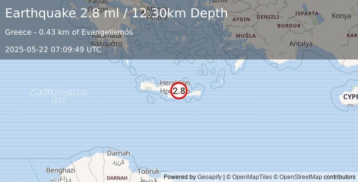 Earthquake CRETE, GREECE (2.8 ml) (2025-05-22 07:09:49 UTC)
