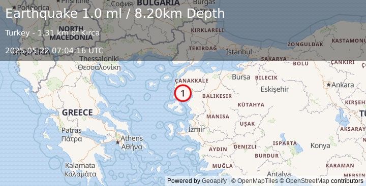 Earthquake NEAR THE COAST OF WESTERN TURKEY (1.0 ml) (2025-05-22 07:04:16 UTC)