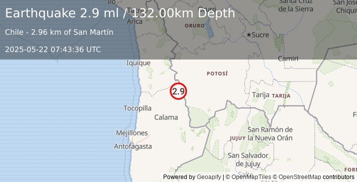 Earthquake ANTOFAGASTA, CHILE (2.9 ml) (2025-05-22 07:43:36 UTC)