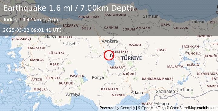 Earthquake CENTRAL TURKEY (1.6 ml) (2025-05-22 09:01:41 UTC)