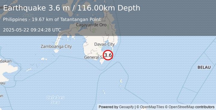 Earthquake MINDANAO, PHILIPPINES (3.6 m) (2025-05-22 09:24:28 UTC)