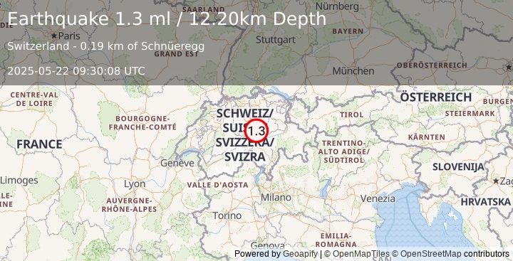 Earthquake SWITZERLAND (1.3 ml) (2025-05-22 09:30:08 UTC)