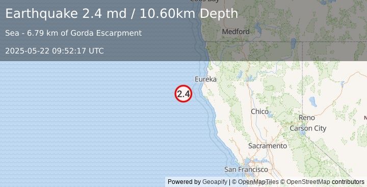 Earthquake OFFSHORE NORTHERN CALIFORNIA (2.4 md) (2025-05-22 09:52:17 UTC)