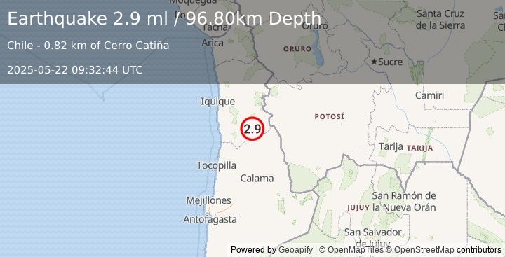 Earthquake TARAPACA, CHILE (2.9 ml) (2025-05-22 09:32:44 UTC)