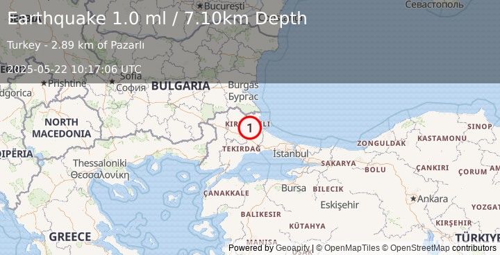 Earthquake WESTERN TURKEY (1.0 ml) (2025-05-22 10:17:06 UTC)