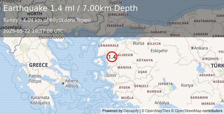 Earthquake WESTERN TURKEY (1.4 ml) (2025-05-22 10:37:00 UTC)