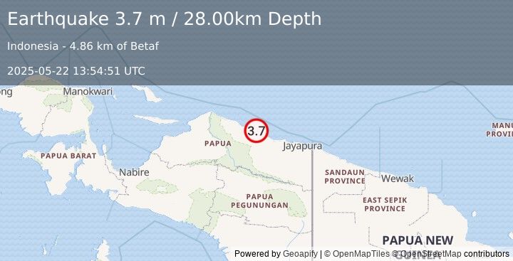 Earthquake NEAR N COAST OF PAPUA, INDONESIA (3.7 m) (2025-05-22 13:54:51 UTC)