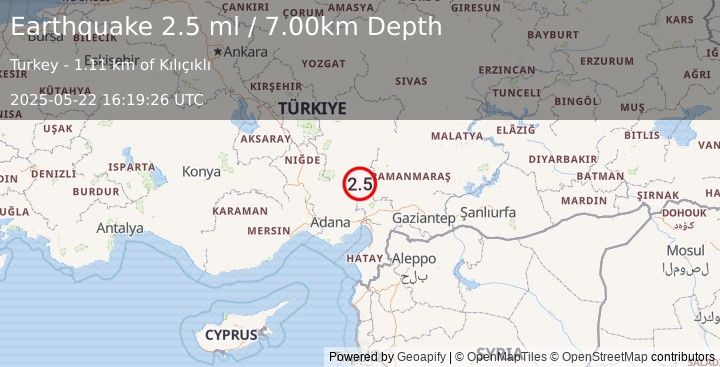 Earthquake CENTRAL TURKEY (2.5 ml) (2025-05-22 16:19:26 UTC)