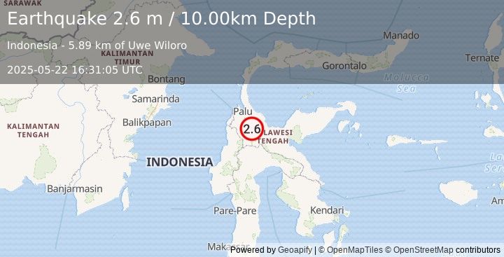 Earthquake SULAWESI, INDONESIA (2.6 m) (2025-05-22 16:31:05 UTC)