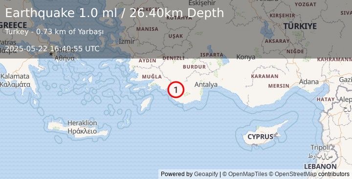 Earthquake WESTERN TURKEY (1.0 ml) (2025-05-22 16:40:55 UTC)