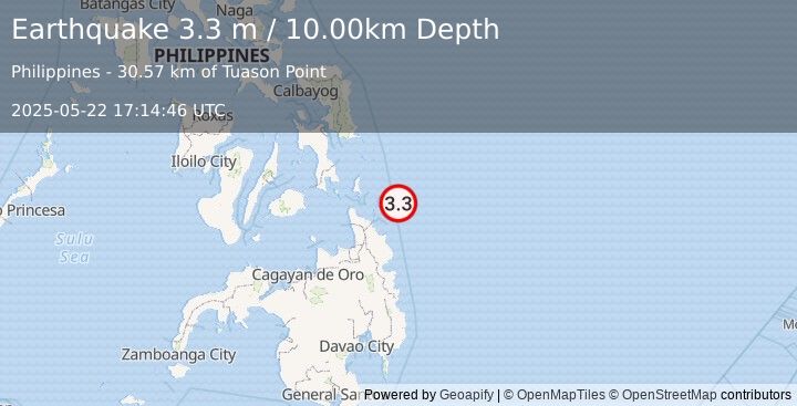 Earthquake MINDANAO, PHILIPPINES (3.3 m) (2025-05-22 17:14:46 UTC)
