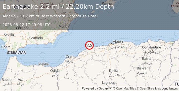 Earthquake NORTHERN ALGERIA (2.2 ml) (2025-05-22 17:49:08 UTC)