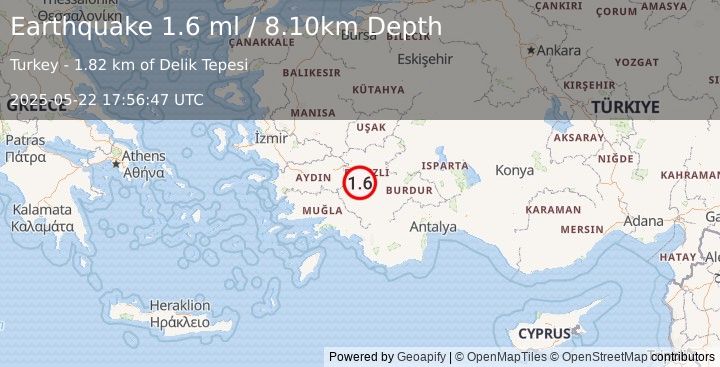 Earthquake WESTERN TURKEY (1.6 ml) (2025-05-22 17:56:47 UTC)