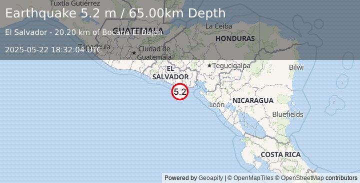 Earthquake OFFSHORE EL SALVADOR (5.0 mw) (2025-05-22 18:32:02 UTC)