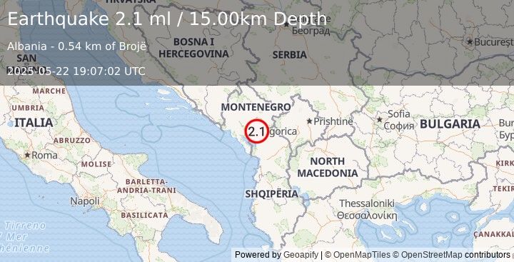 Earthquake ALBANIA (2.1 ml) (2025-05-22 19:07:02 UTC)