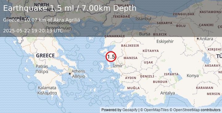 Earthquake NEAR THE COAST OF WESTERN TURKEY (1.5 ml) (2025-05-22 19:20:13 UTC)