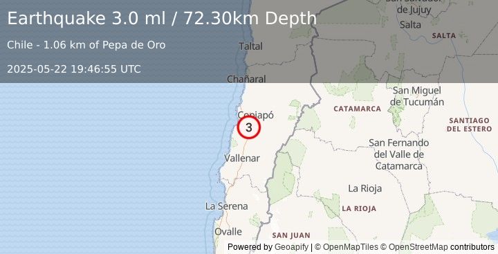 Earthquake ATACAMA, CHILE (3.0 ml) (2025-05-22 19:46:55 UTC)
