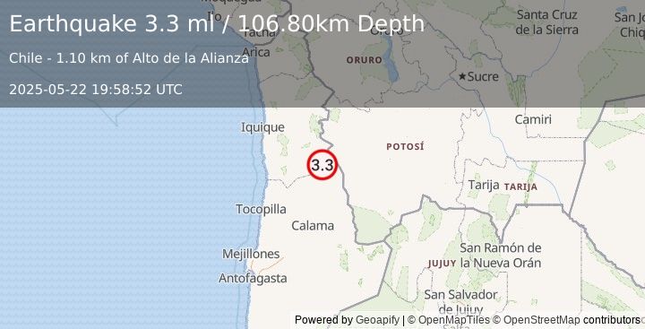 Earthquake ANTOFAGASTA, CHILE (3.3 ml) (2025-05-22 19:58:52 UTC)