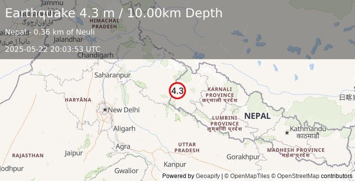 Earthquake NEPAL-INDIA BORDER REGION (4.3 m) (2025-05-22 20:03:53 UTC)