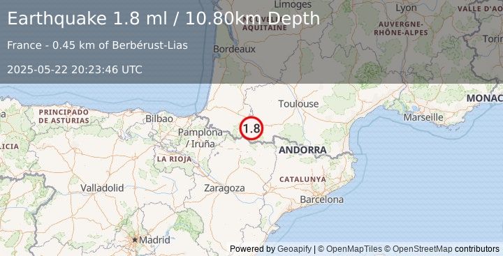 Earthquake PYRENEES (1.8 ml) (2025-05-22 20:23:46 UTC)