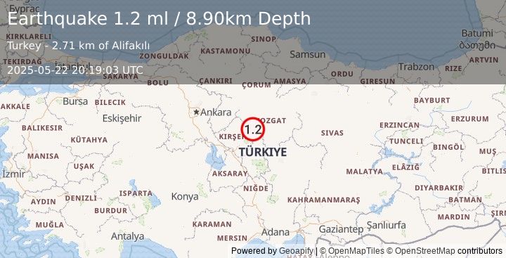 Earthquake CENTRAL TURKEY (1.2 ml) (2025-05-22 20:19:03 UTC)