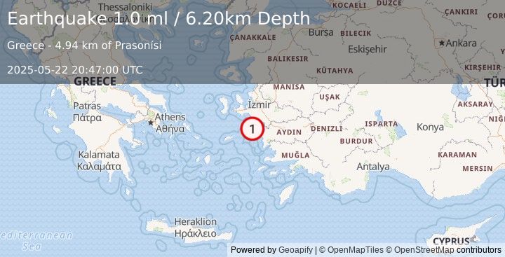 Earthquake DODECANESE ISLANDS, GREECE (1.0 ml) (2025-05-22 20:47:00 UTC)