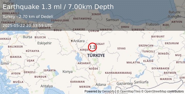Earthquake CENTRAL TURKEY (1.3 ml) (2025-05-22 20:33:59 UTC)