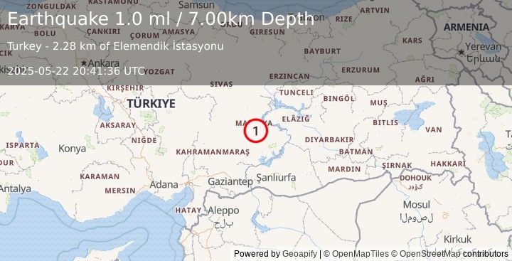 Earthquake EASTERN TURKEY (1.0 ml) (2025-05-22 20:41:36 UTC)