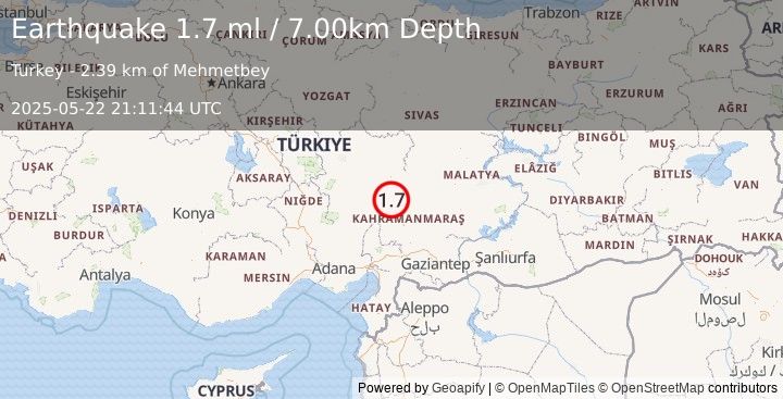 Earthquake CENTRAL TURKEY (1.7 ml) (2025-05-22 21:11:44 UTC)