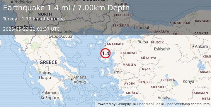 Earthquake NEAR THE COAST OF WESTERN TURKEY (1.4 ml) (2025-05-22 21:01:37 UTC)