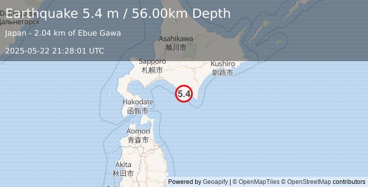 Earthquake HOKKAIDO, JAPAN REGION (5.4 mw) (2025-05-22 21:28:01 UTC)
