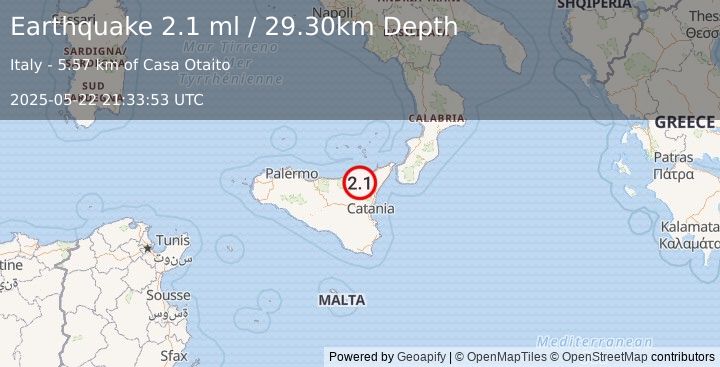 Earthquake SICILY, ITALY (2.1 ml) (2025-05-22 21:33:53 UTC)