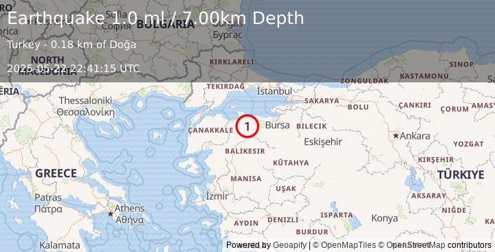 Earthquake WESTERN TURKEY (1.0 ml) (2025-05-22 22:41:15 UTC)