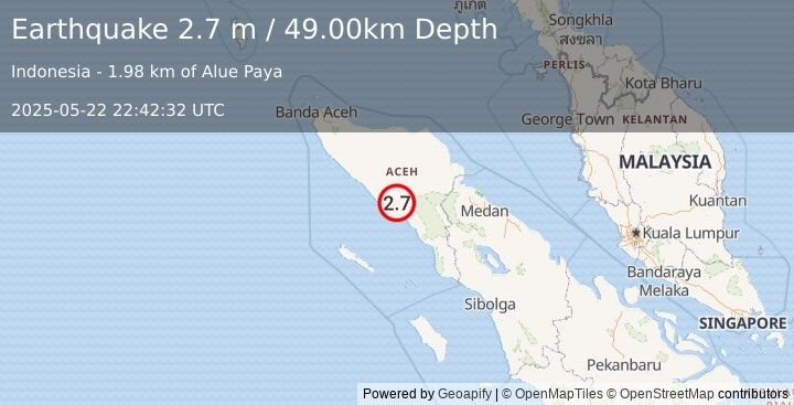 Earthquake NORTHERN SUMATRA, INDONESIA (2.7 m) (2025-05-22 22:42:32 UTC)