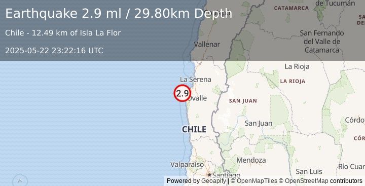 Earthquake OFFSHORE COQUIMBO, CHILE (2.9 ml) (2025-05-22 23:22:16 UTC)